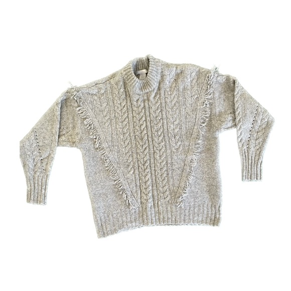 Fringe Cable-knit Crewneck Sweater in Grey - Picture 1 of 4